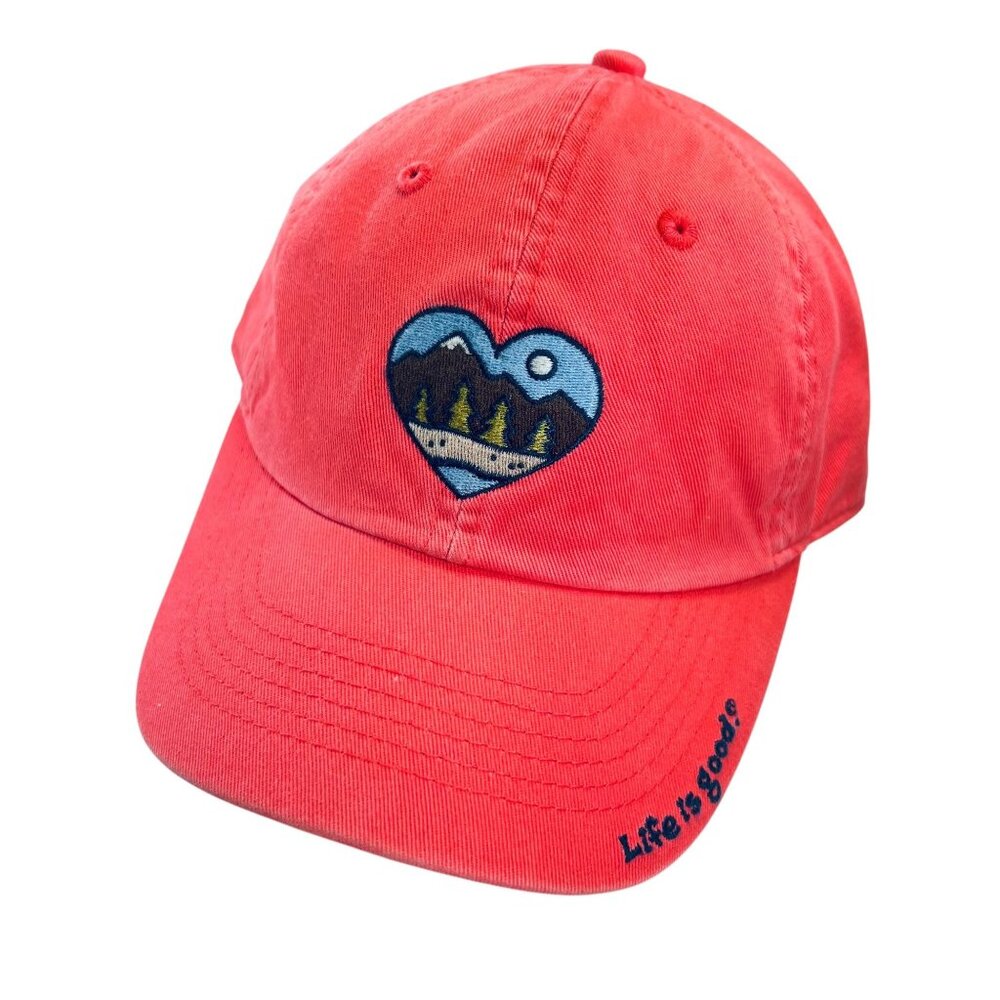 Life Is Good Heart Mountain Embroidery Faded Orange Red Baseball Cap Adjustable